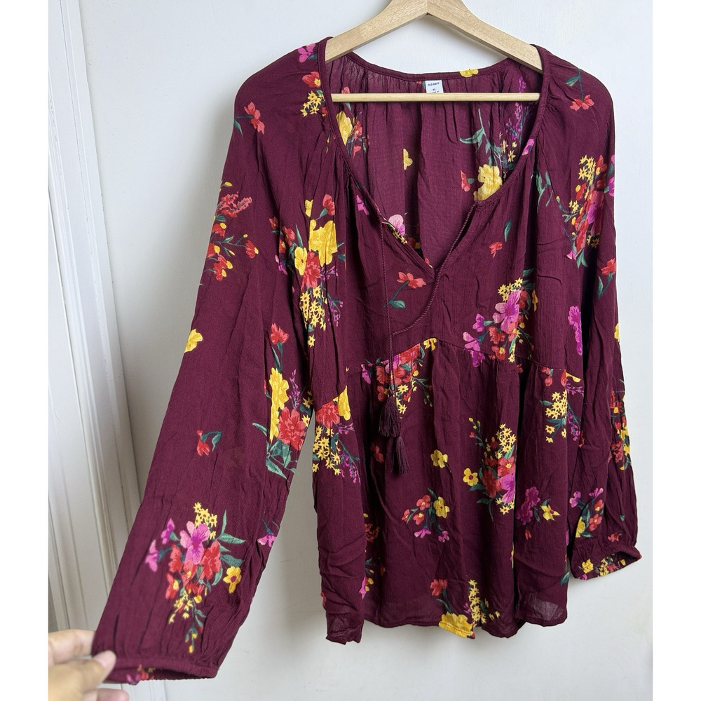 Old Navy XL Babydoll Burgundy Floral Tasseled V Neck Long Sleeve Top Hippie Boho